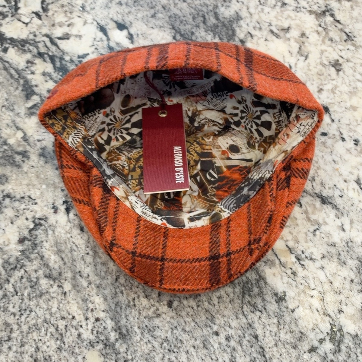 Alfonso D'Este orange plaid Like flat cap 47550 showing colorful printed lining