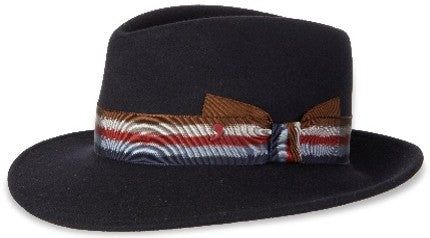 Black Alfonso D'Este Roberto fedora with a sculpted crown and wide brown, rust and pale gray striped ribbon band