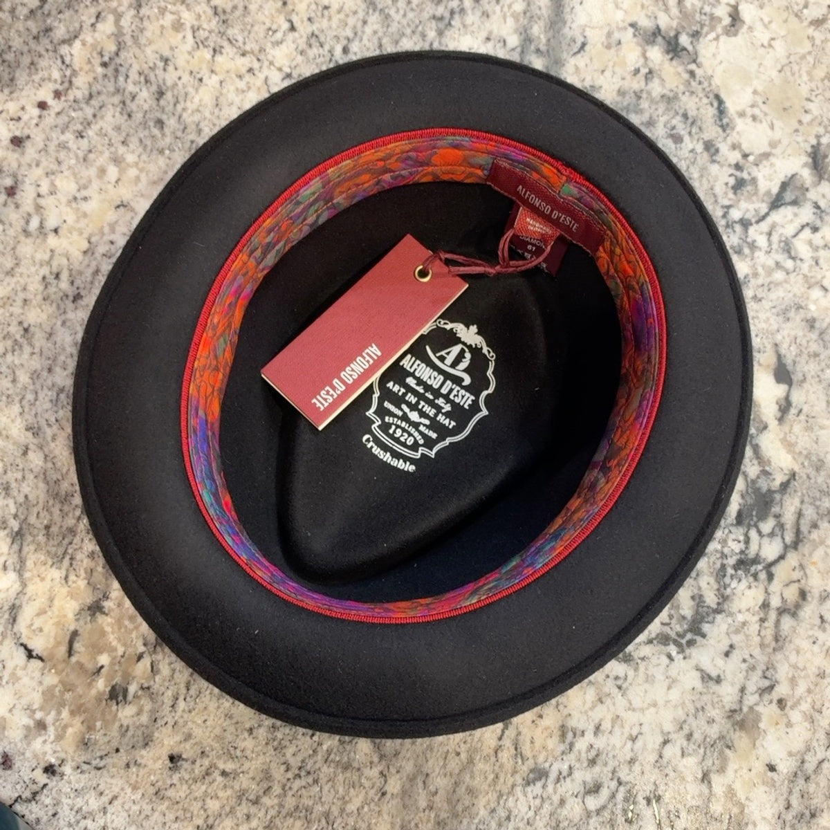Interior of black wool pork pie hat