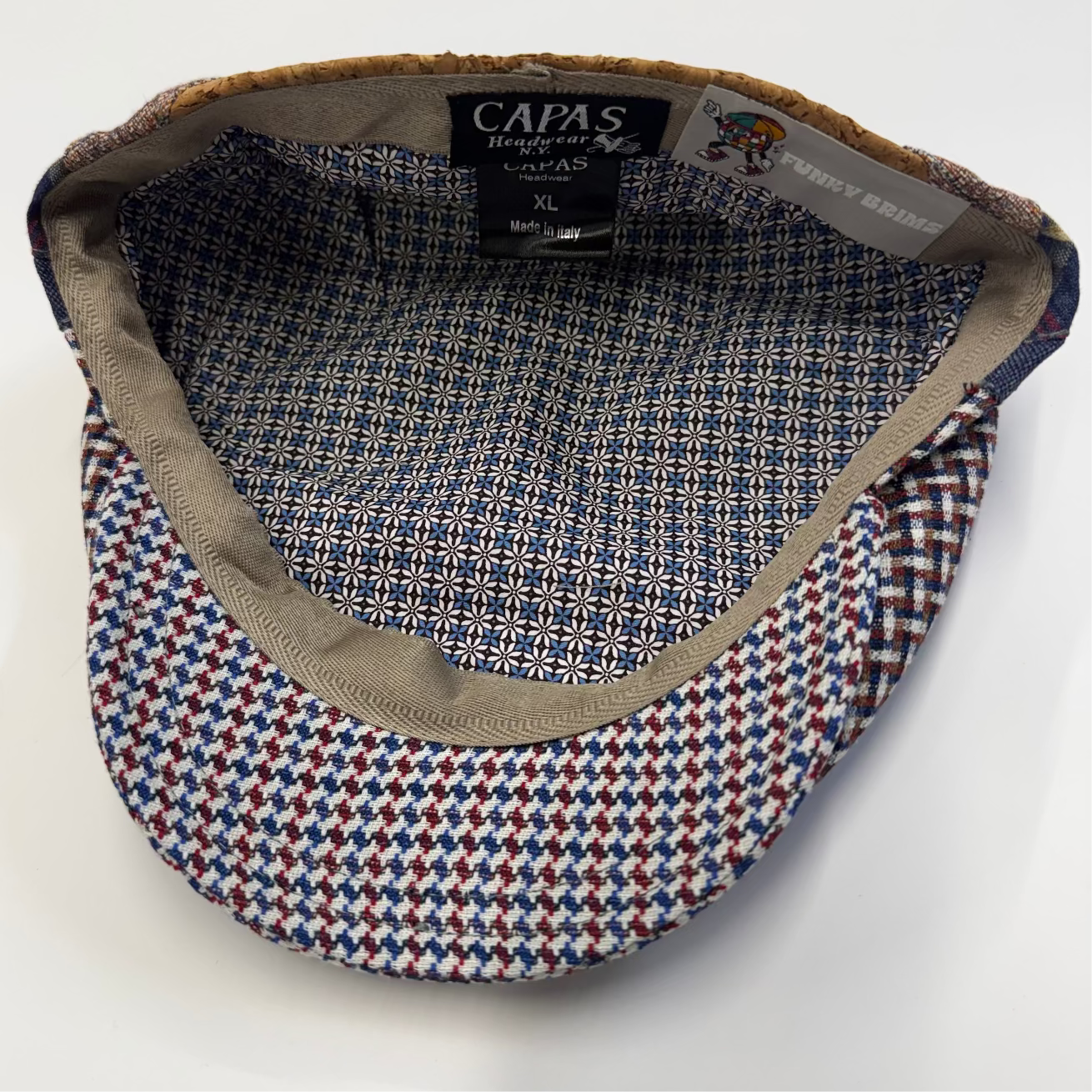 Breakwater Silk and LInen Patchwork Flat cap by Capas at FunkyBrims.