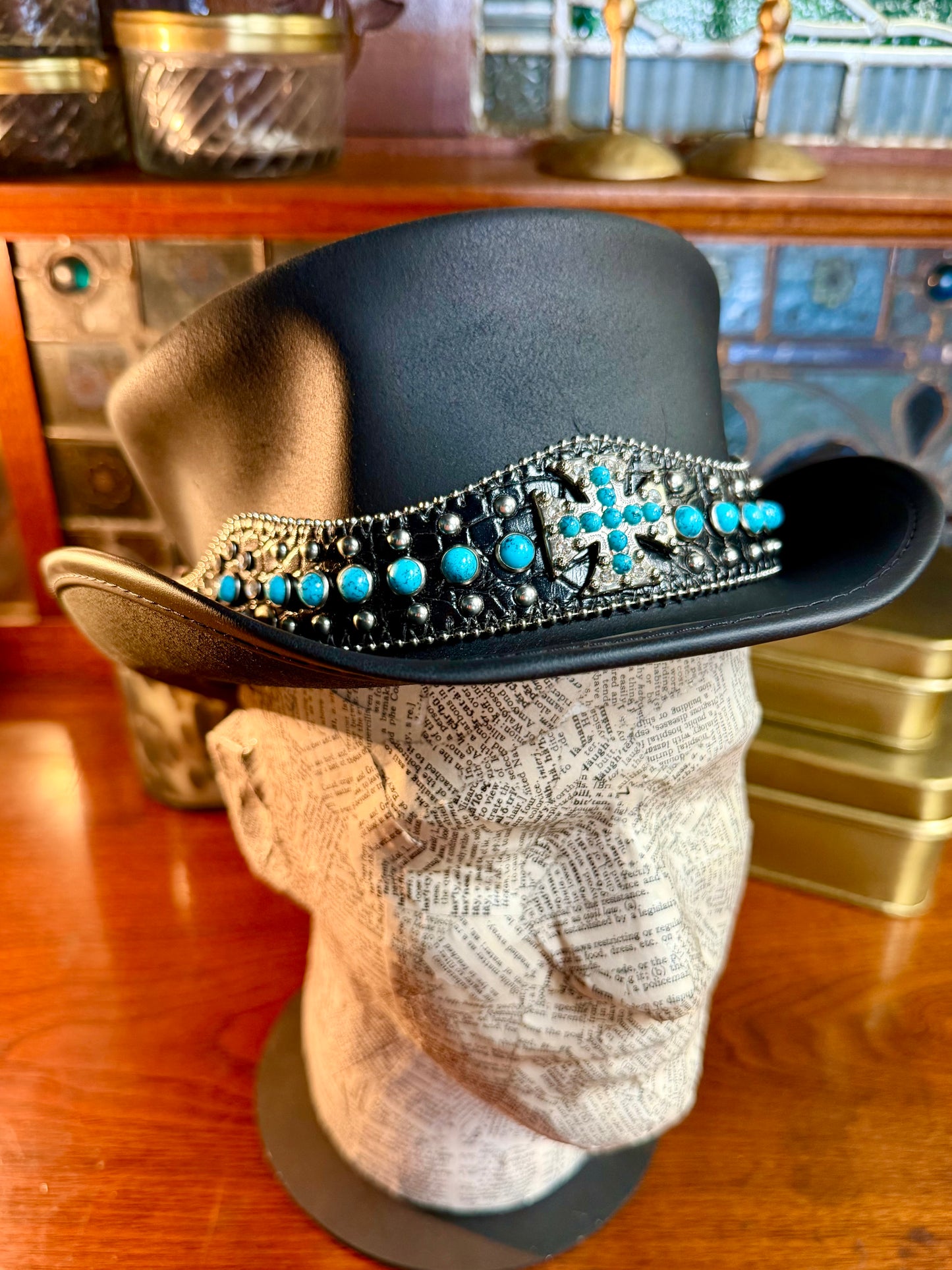 El Dorado Black Leather Top Hat with Turquoise Cross