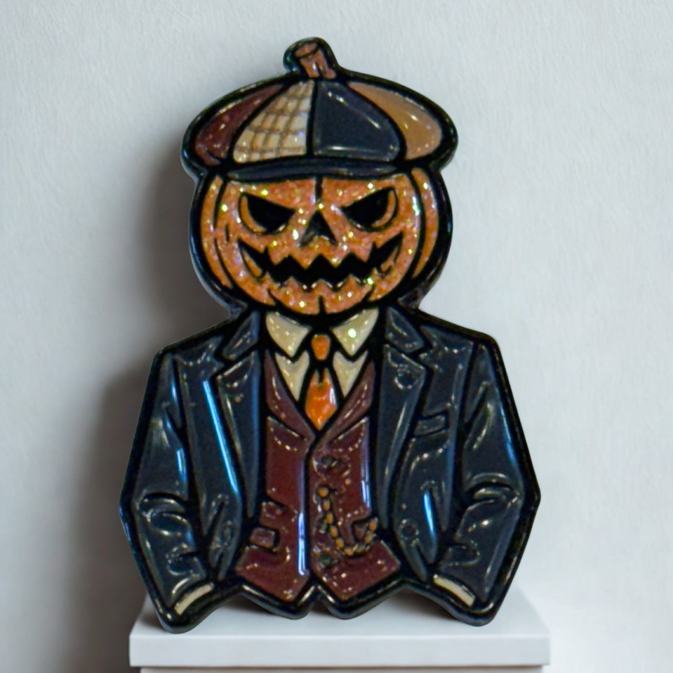 Fall 2025 FunkyBrims Custom Enamel Pin. Pumpkin dressed like Tommy Shelby.