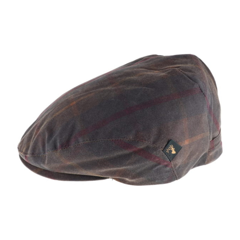Mucros Weavers Trinity waxed cotton flat cap in muted green tartan, side view