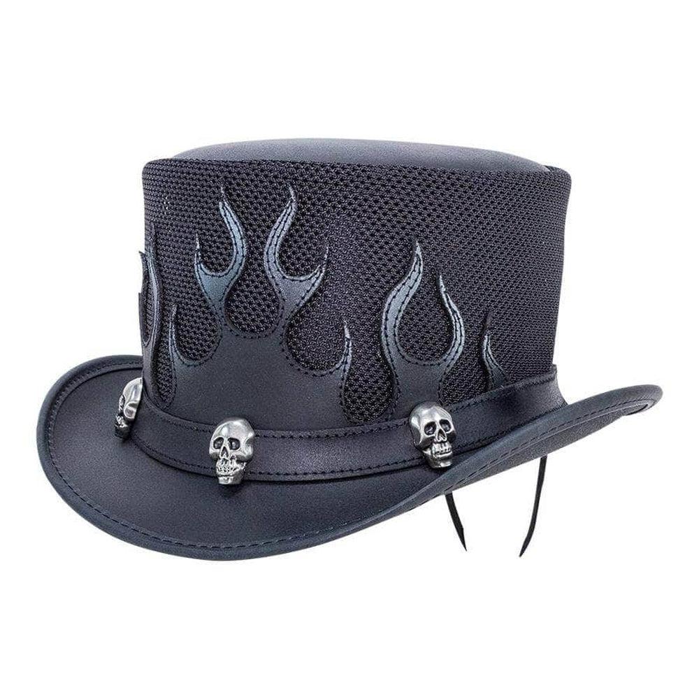 Flames Biker Leather Top Hat with Band