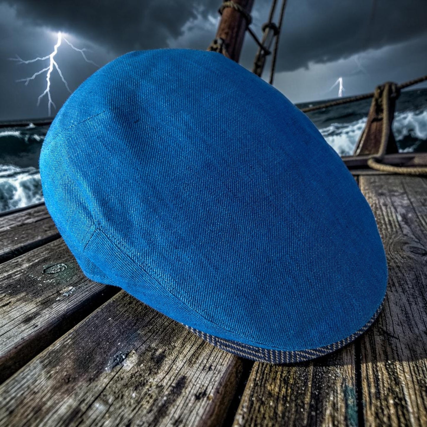 Calypso Blue Linen Flat Cap -  Hales Speed Shop X FunkyBrims Collab (with Pin)