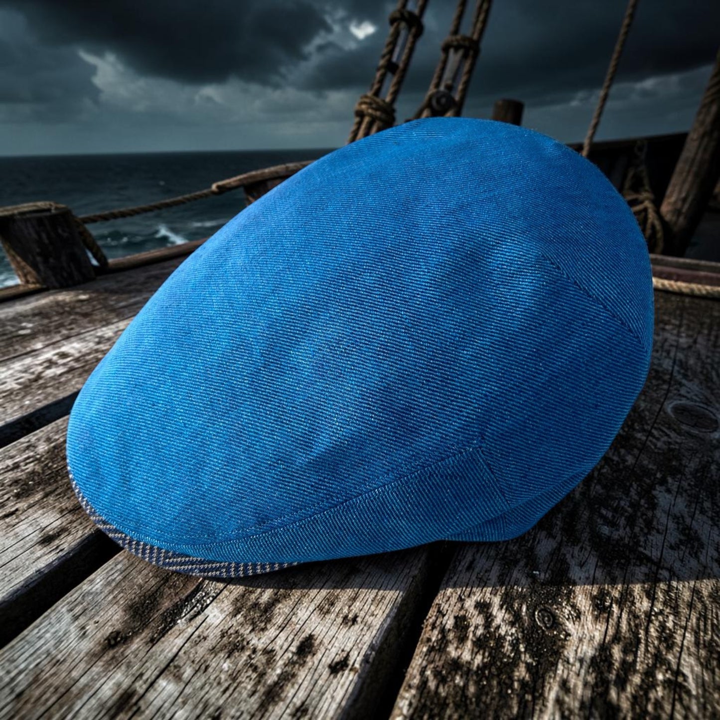 Calypso Blue Linen Flat Cap -  Hales Speed Shop X FunkyBrims Collab (with Pin)