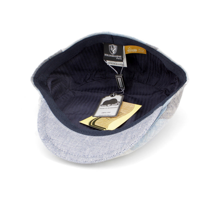 Linenline flat cap - Blue and gray Italian linen cap at FunkyBrims.
