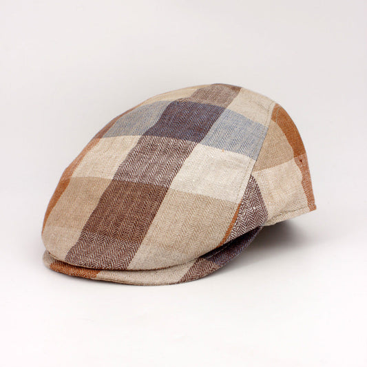 The Sand Herringbone Plaid Linen Flat Cap by Hologramme Paris at FunkyBrims