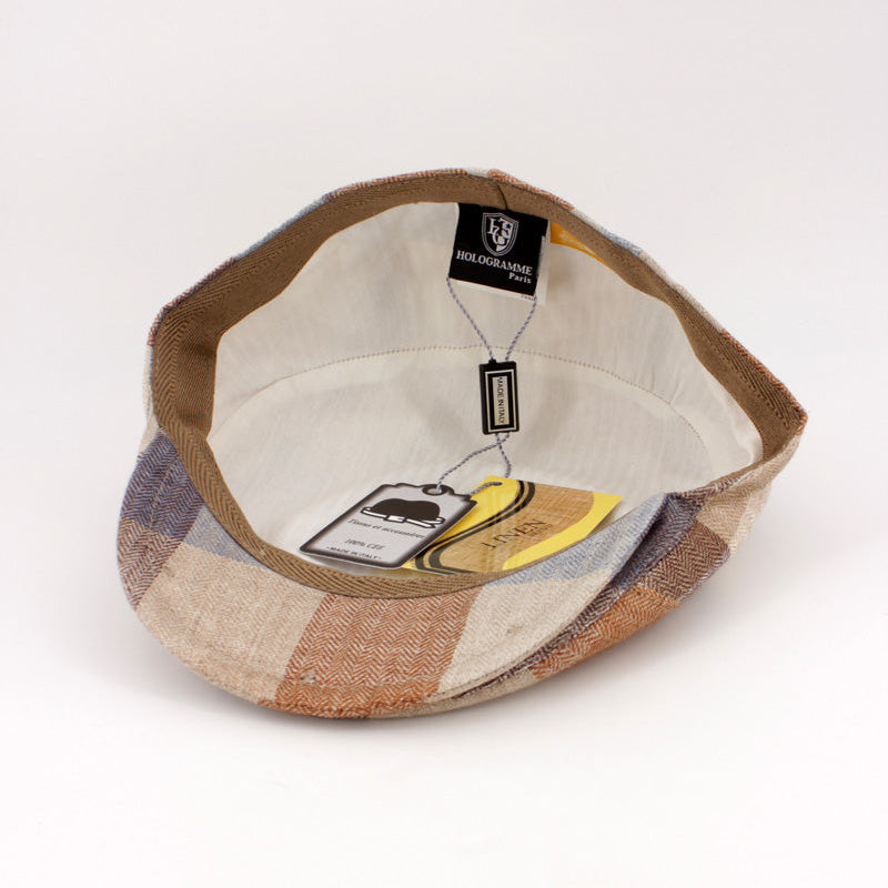 The Sand Herringbone Plaid Linen Flat Cap by Hologramme Paris at FunkyBrims