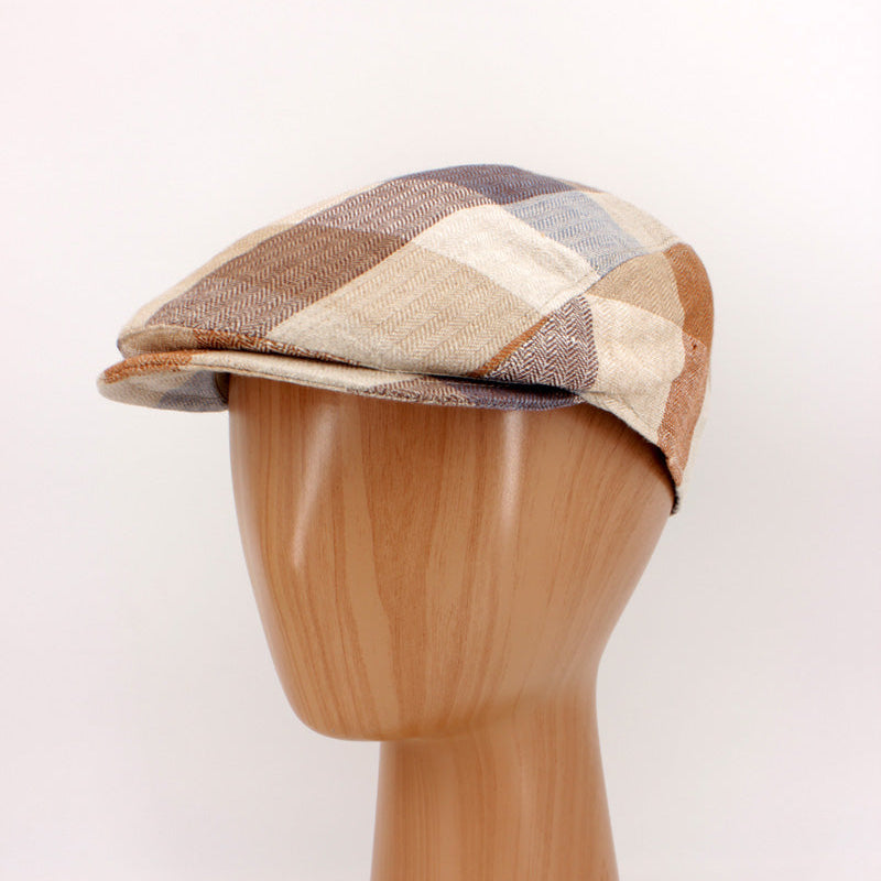 The Sand Herringbone Plaid Linen Flat Cap by Hologramme Paris at FunkyBrims