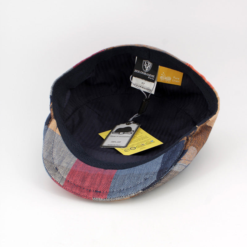 The Spring Herringbone Plaid Linen Flat Cap by Hologramme Paris at FunkyBrims