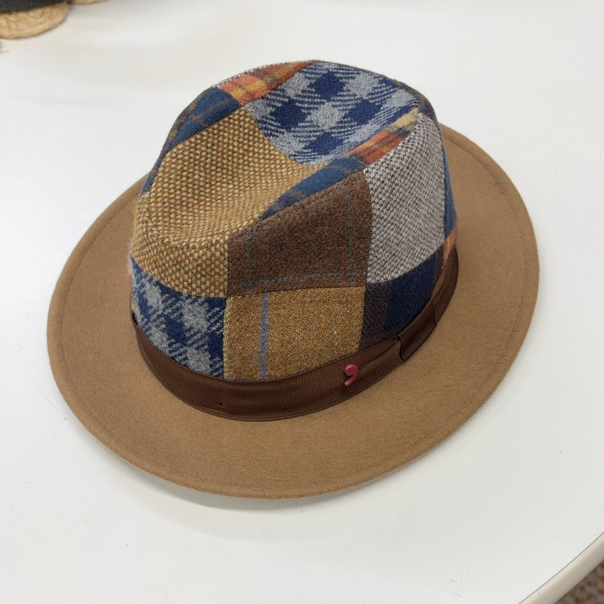 Alfonso D'Este Sanremo patchwork wool fedora 24719 with tan brim and brown ribbon, angled front view