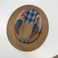 Top view of Alfonso D'Este patchwork fedora 24719 showing navy, gray, mustard and rust fabric panels