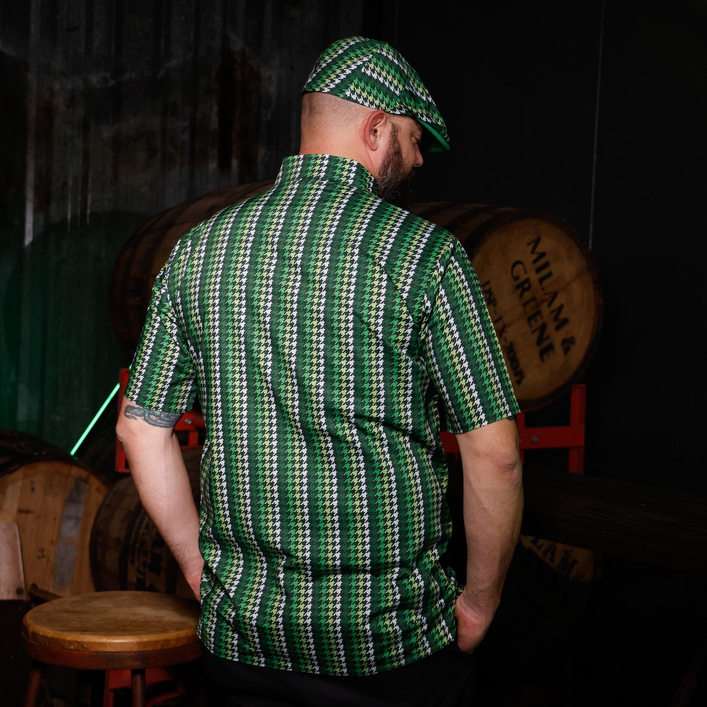Green Cheyenne Houndstooth Shaka Flat Cap - Hales Speed Shop X FunkyBrims Collab (with Pin)