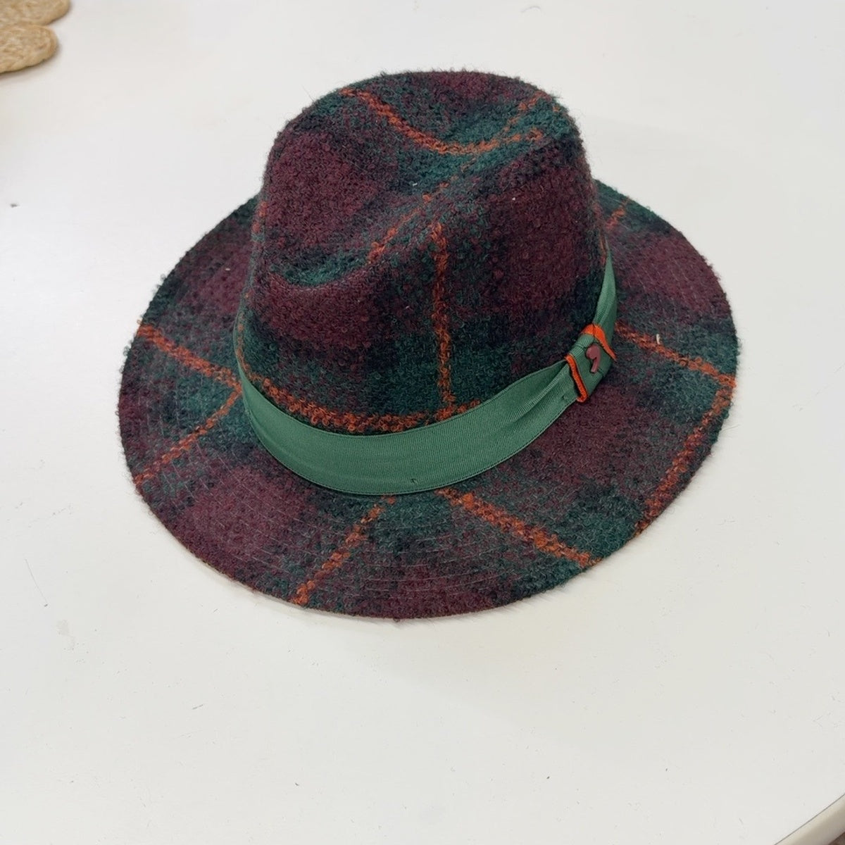 Alfonso D'Este Potenza plaid fedora 35713 in burgundy and green with orange lines and a green ribbon