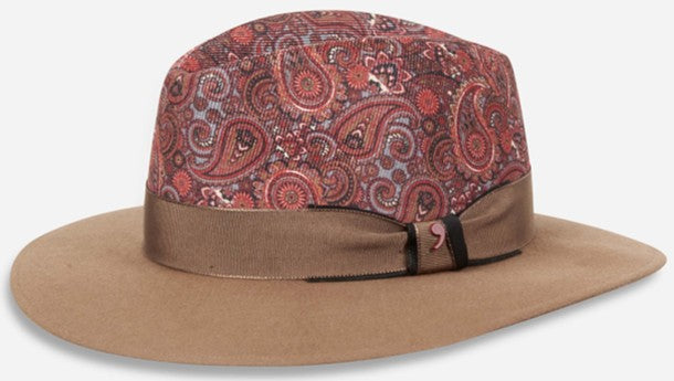Alfonso D'Este SanRemo fedora with a red-toned paisley crown, tan brim and brown ribbon band with a side bow