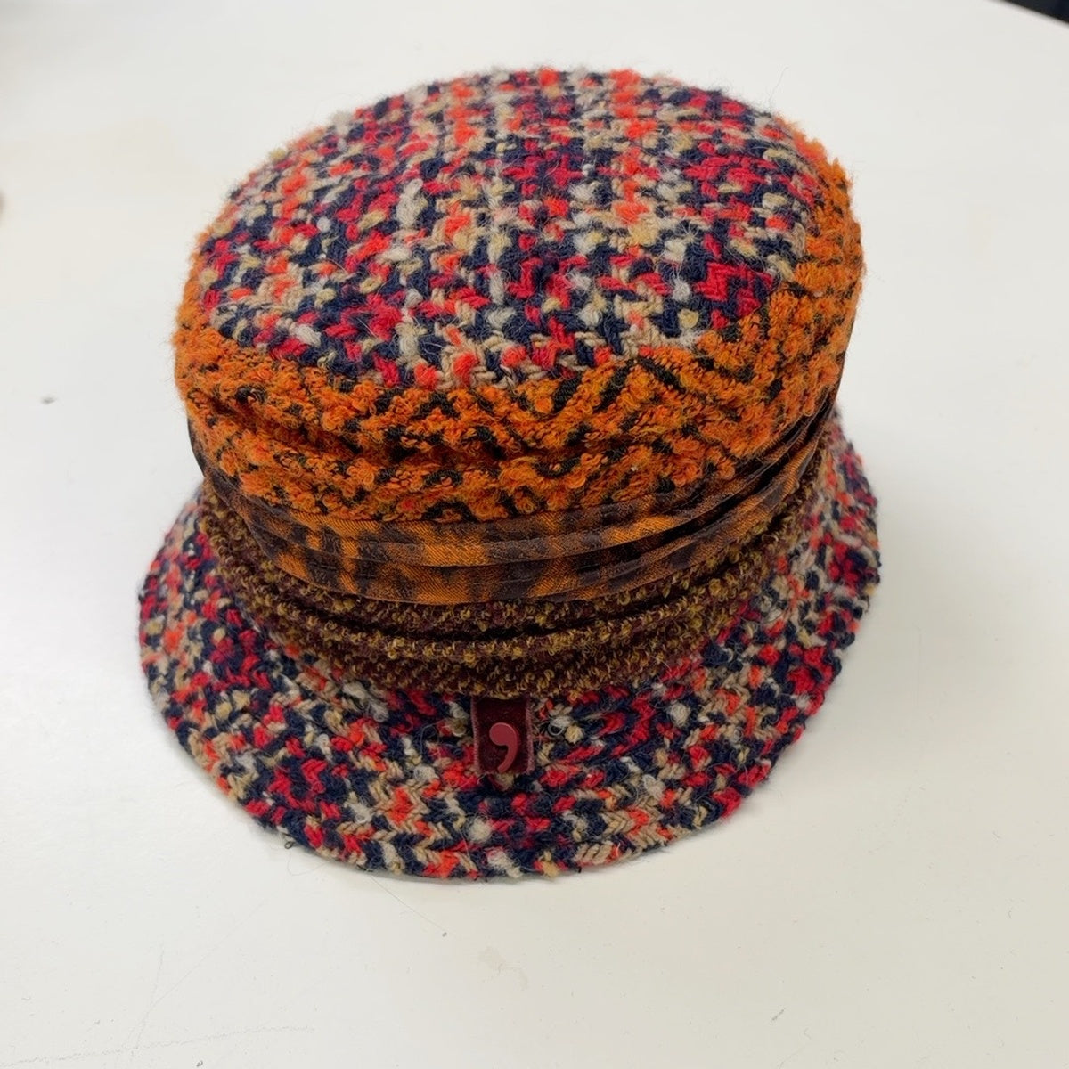 Front view of Alfonso D'Este Nanni bucket hat 35969 showing orange textured panels and orange-brown checked hatband