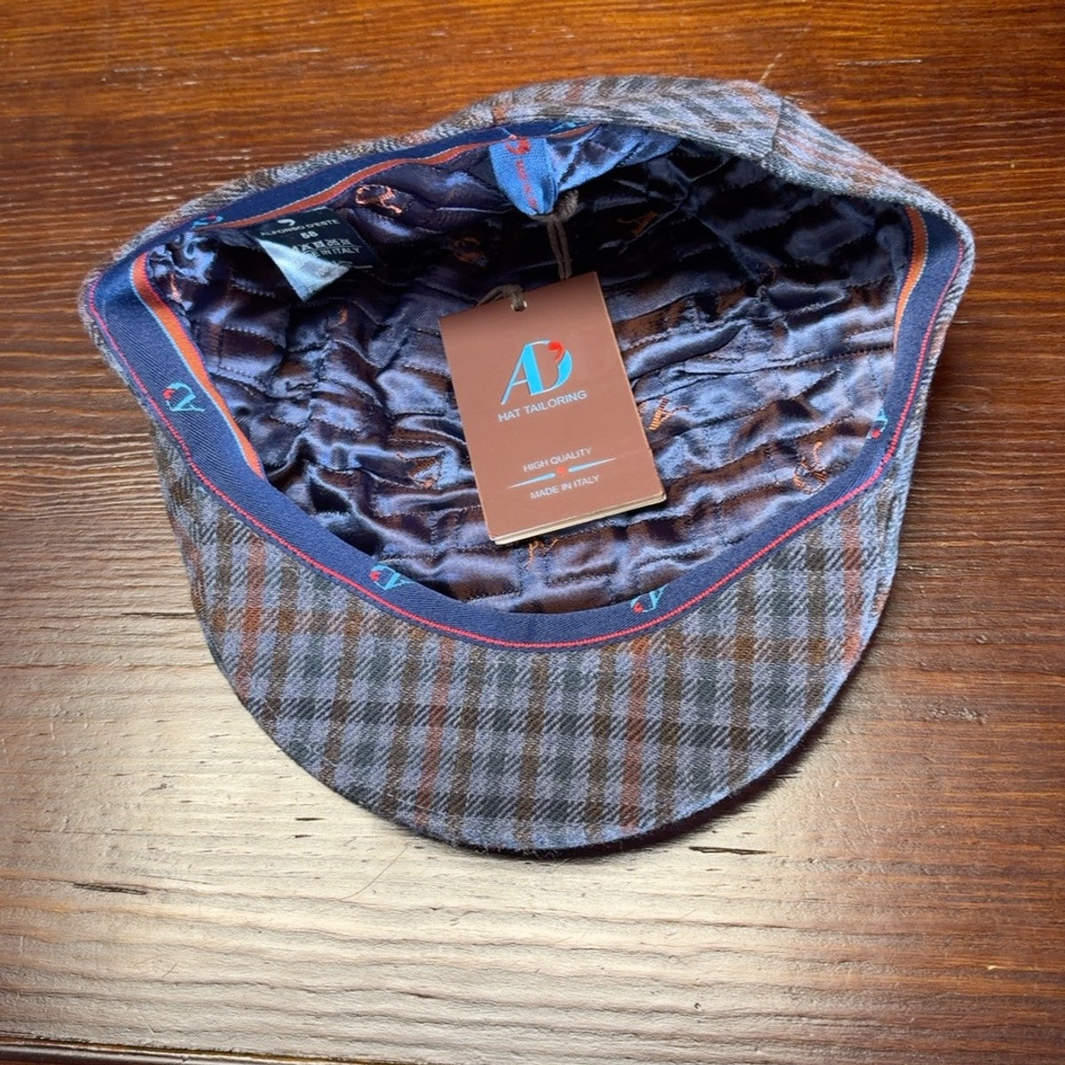 Alfonso D'Este blue-gray plaid wool Tirreno flat cap 37968, lining