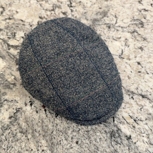 Alfonso D'Este Ionio blue-gray herringbone windowpane flat cap 43506
