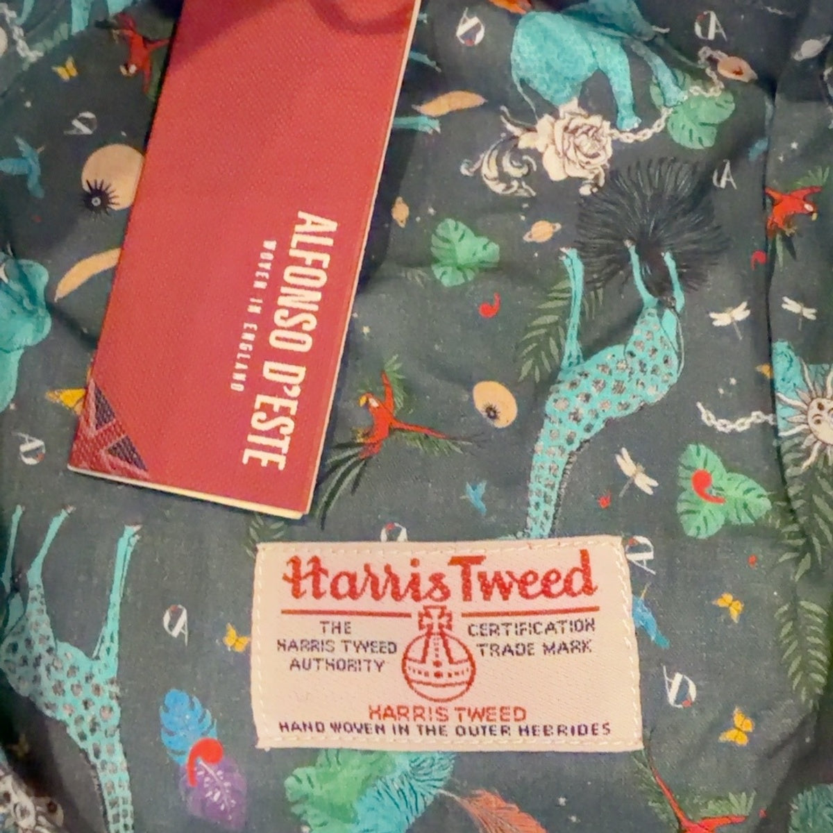 Harris Tweed certification label on patterned cap lining