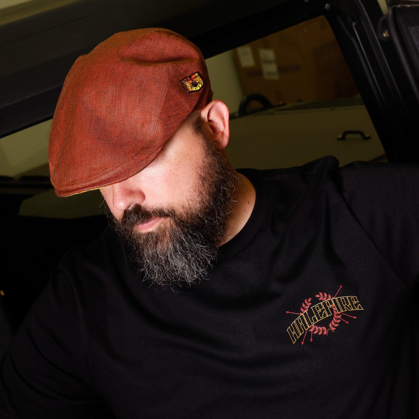 HaleFire Orange Herringbone Flat Cap -  Hales Speed Shop X FunkyBrims Collab (with Pin)
