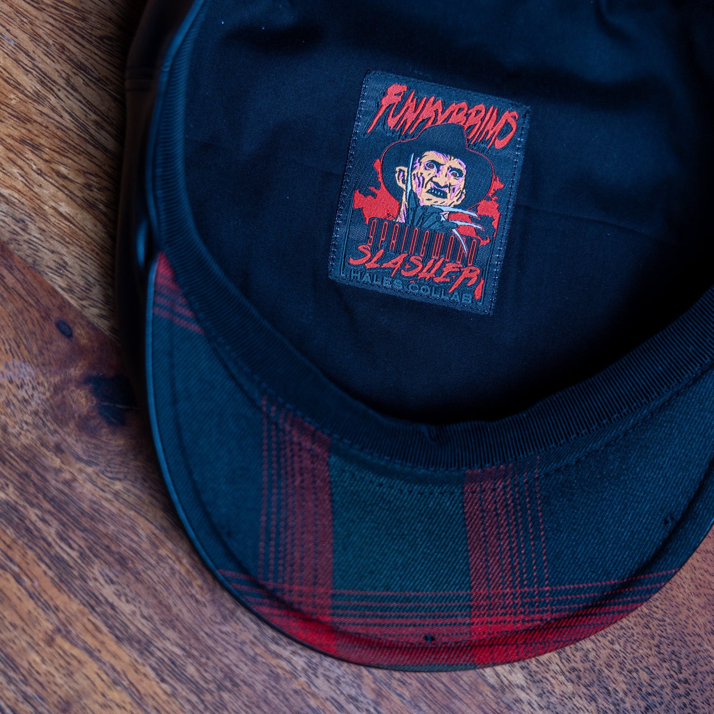 The Springwood Slasher Black Leatherette Flat Cap Hales Speed Shop X FunkyBrims Collab (with Pin)