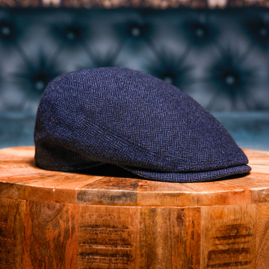 The Shelby Co Blue Herringbone Flat Cap Hales Speed Shop X FunkyBrims Collab with Cap Pin