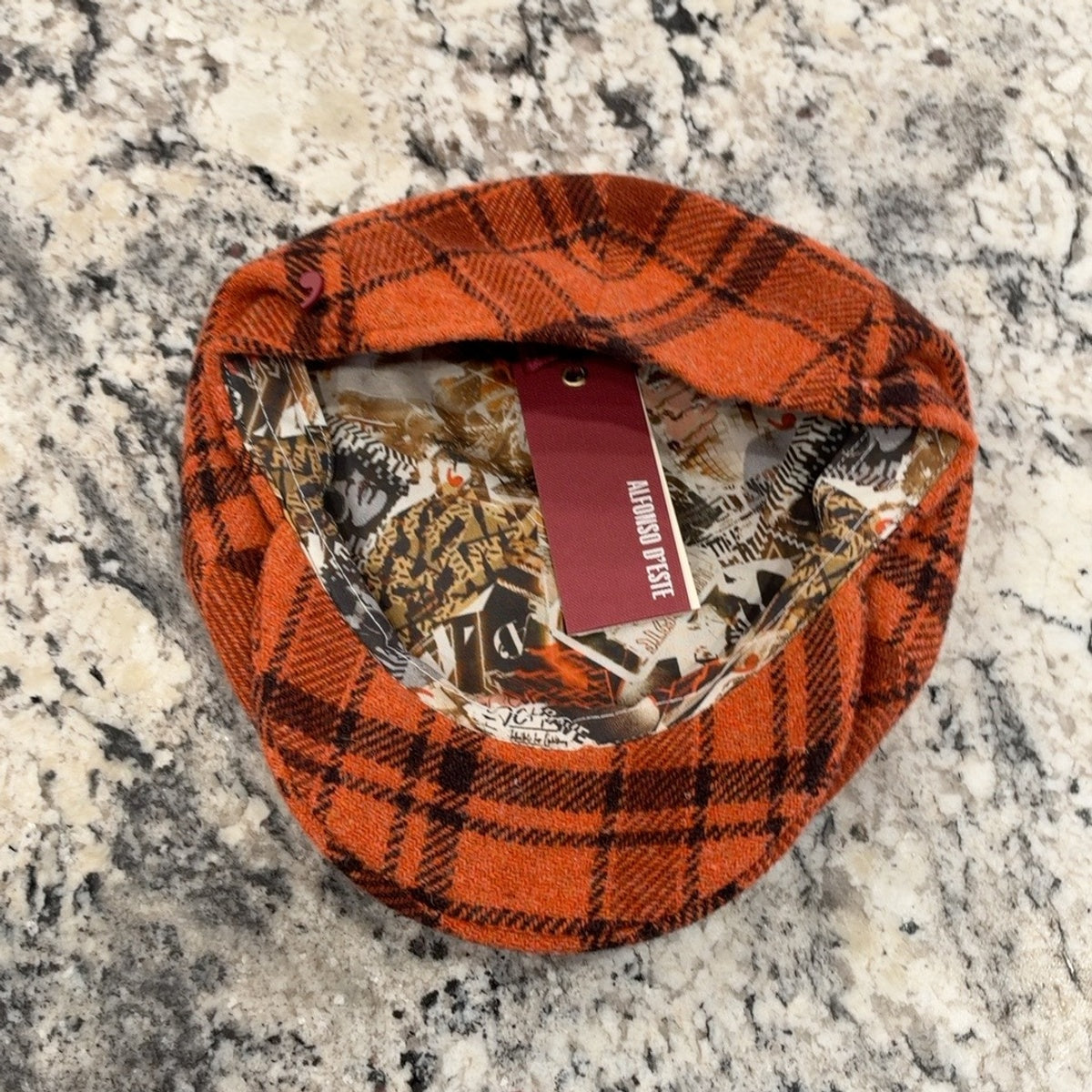 Alfonso D'Este orange plaid virgin wool America flat cap 47526 printed lining