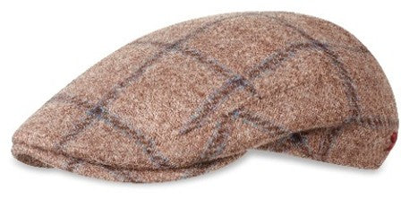 Brown Alfonso D'Este wool flat cap with a fine blue windowpane plaid, low crown and short curved bill