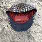 Alfonso d’Este John blue checkerboard flat cap 47545 showing burgundy lining and blue underside of brim
