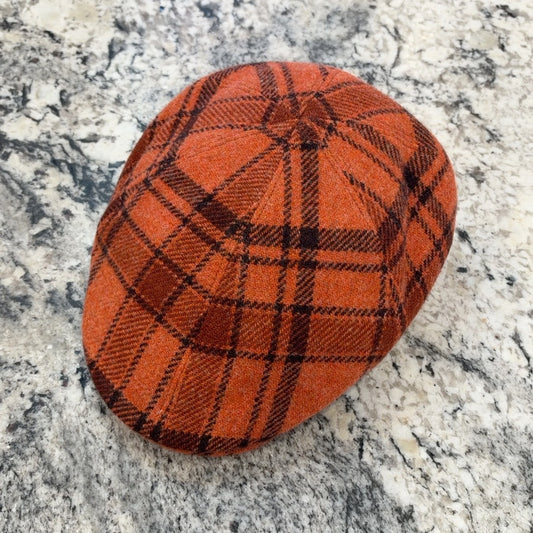 Alfonso D'Este orange plaid Like virgin wool flat cap 47550, angled view