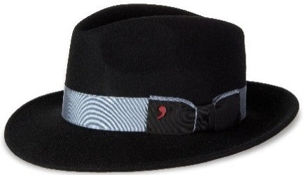 Black Alfonso D'Este crushable felt fedora with a pinched crown and contrasting pale gray and black ribbon band