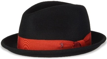 Black Alfonso D'Este Tino trilby with a pinched crown, narrow upturned brim and bright orange ribbon band