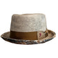A light gray felt fedora hat with a brown fabric band and a patterned brim.