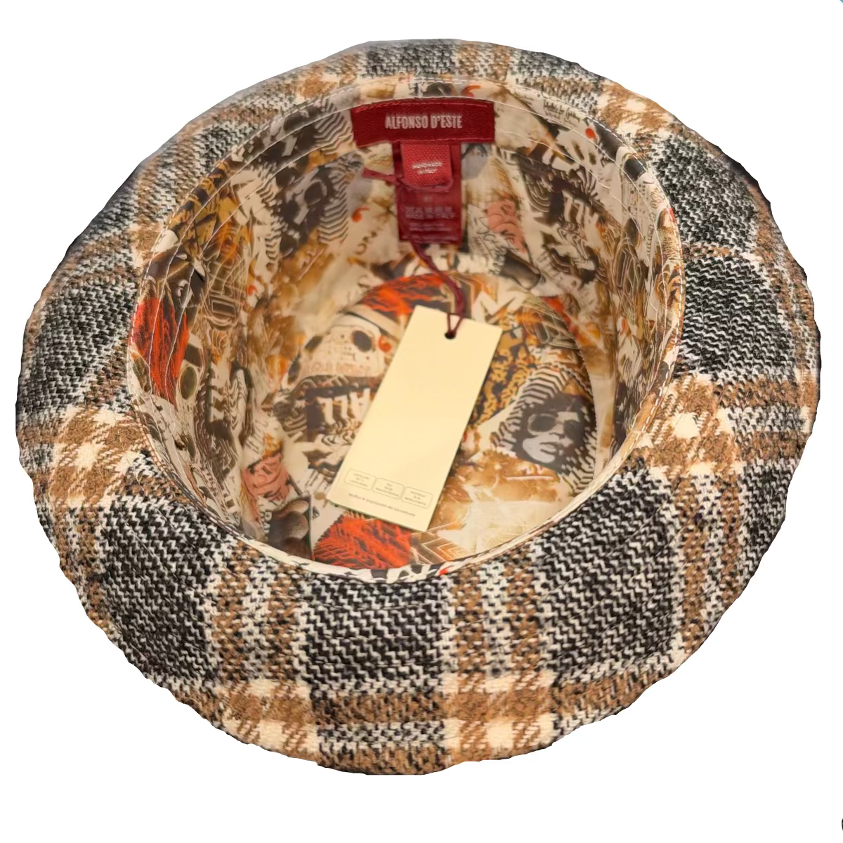 A vintage Albrecht Durer patterned hat with a brown, black, and beige herringbone plaid exterior and a colorful interior print.