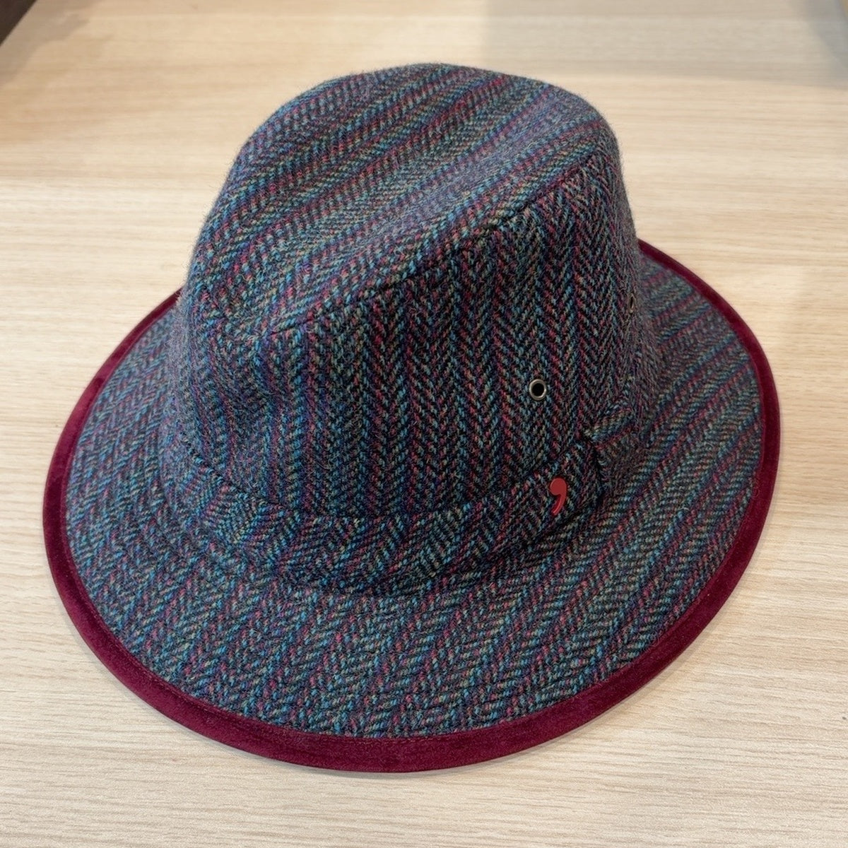 Alfonso D’Este Safari blue teal and burgundy herringbone virgin wool hat 47916