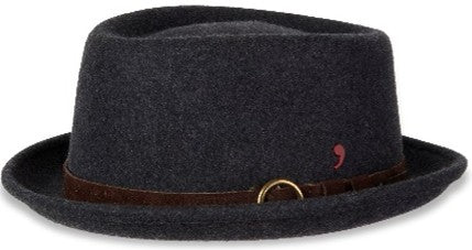 Charcoal gray Alfonso D'Este pork pie hat with a low crown, upturned brim and slim brown leather band with a ring detail