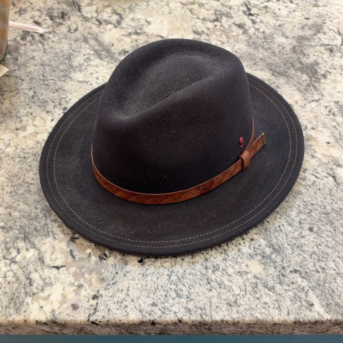 Alfonso D'Este navy Chicago wool felt fedora with brown leather band, style 48103