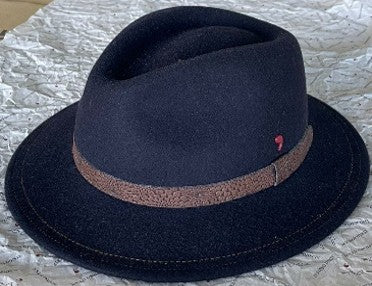 Navy blue Alfonso D'Este crushable felt fedora with a pinched crown, stitched brim and slim brown leather band