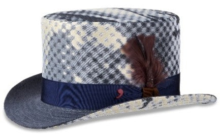 Alfonso D'Este Identity Cilindro top hat with a tall checked crown, cream accents, dark blue ribbon band and brown feather detail
