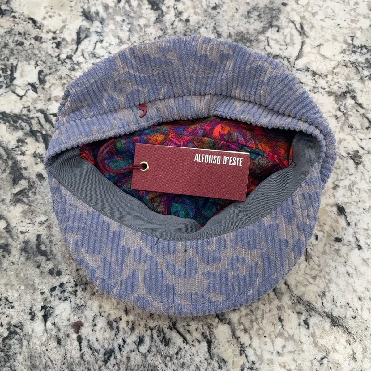 Alfonso d’Este Krizia light blue patterned cotton corduroy newsboy cap 52043, colorful lining
