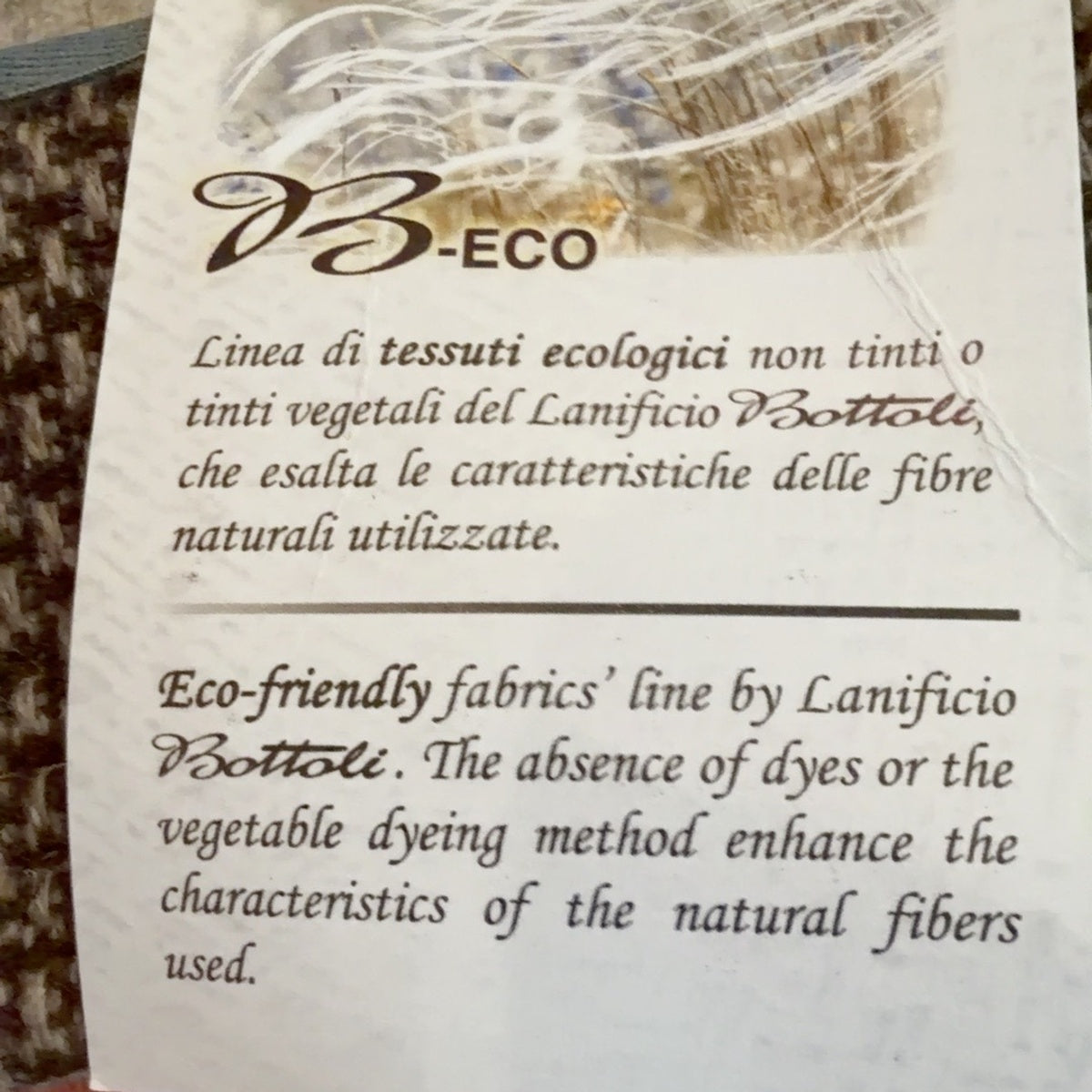 Bottoli B-ECO tag describing its eco-friendly fabric line
