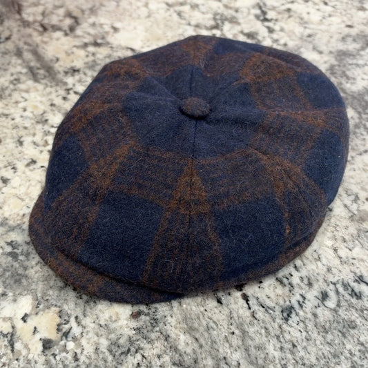 Alfonso d’Este Kyoto navy and brown plaid Ferla Baby Alpaca newsboy cap 52492, front angle