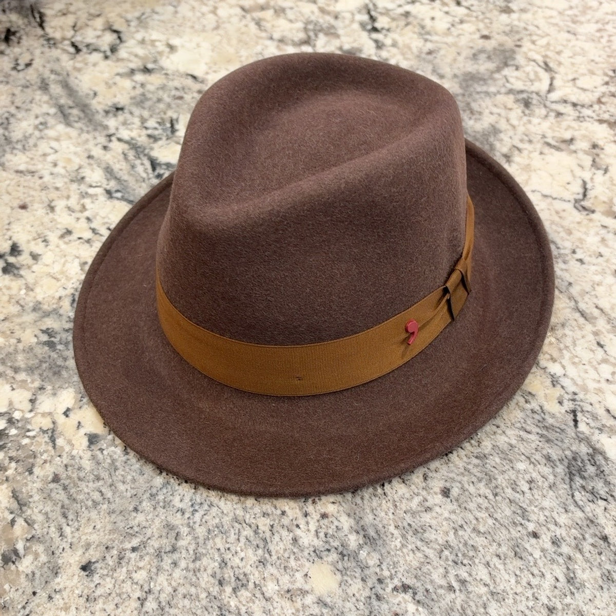 Brown Alfonso D’Este Anversa fedora with ochre grosgrain ribbon
