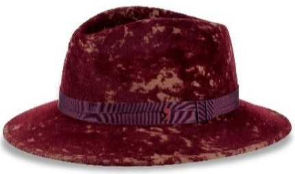 Alfonso D'Este Chicago fedora with mottled burgundy and tan wool felt, a sculpted crown and tonal ribbon band