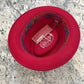 Interior of red Alfonso D'Este Atlanta fedora 52821 showing patterned sweatband and crushable marking