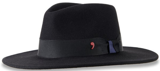 Black Alfonso D'Este wool felt fedora with a broad brim, tonal ribbon band and small blue accent at the side bow