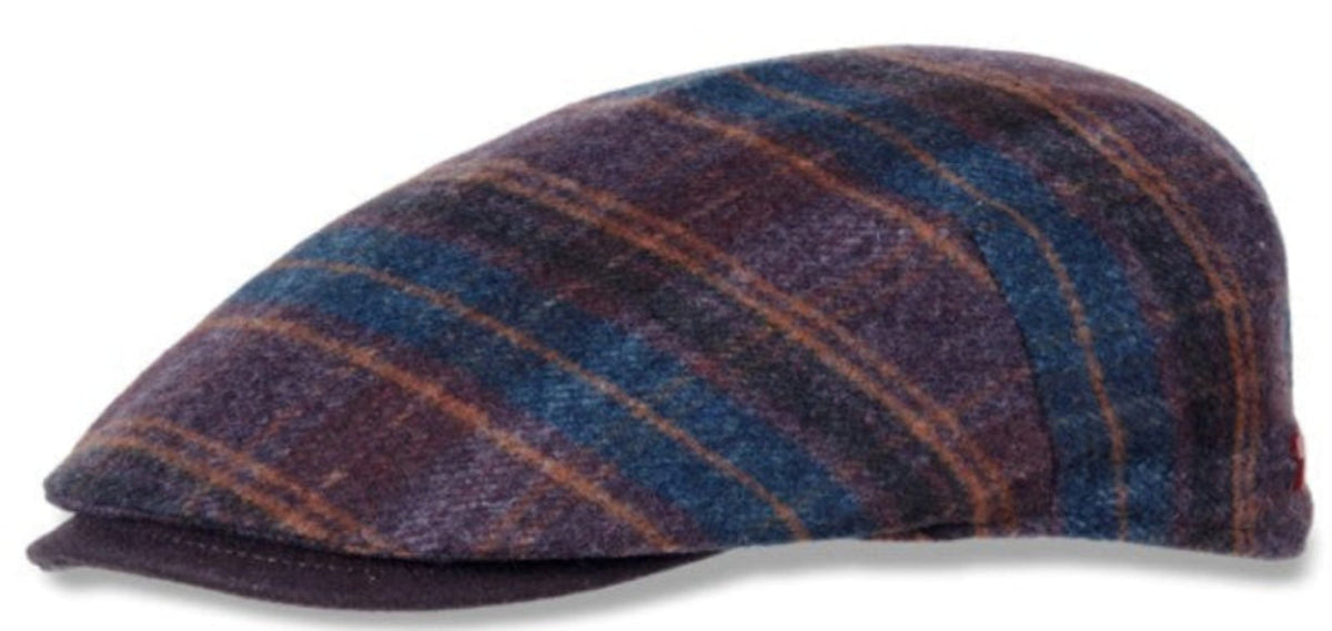 A flat cap made of textured wool in a dark blue, purple, and brown plaid pattern, shown against a plain white background.
