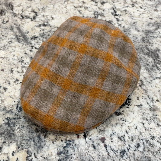 Alfonso d’Este Tirreno taupe and orange windowpane wool blend flat cap 52926, angled view