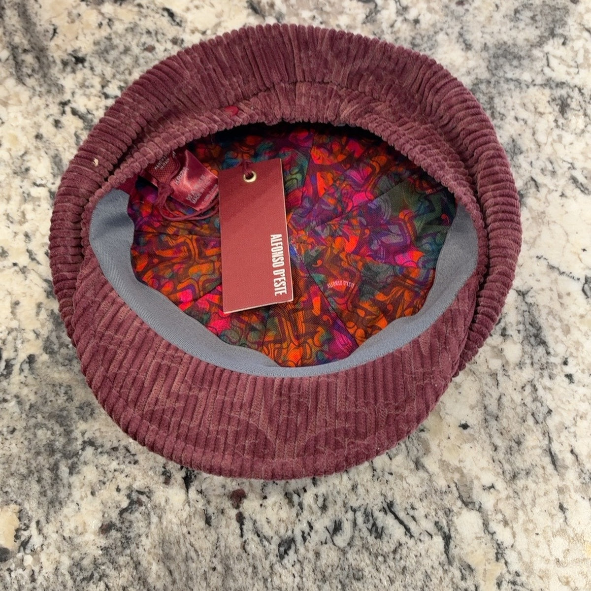 Alfonso d’Este Krizia burgundy cotton corduroy newsboy cap 53707, colorful patterned lining